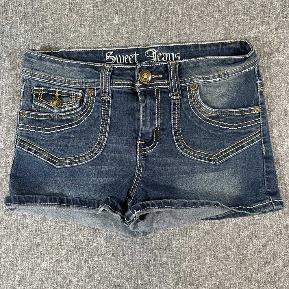 Sweet Jeans‎ Womens Denim Shorts Size 7 Blue Stretch Cuffed Low Rise Festival